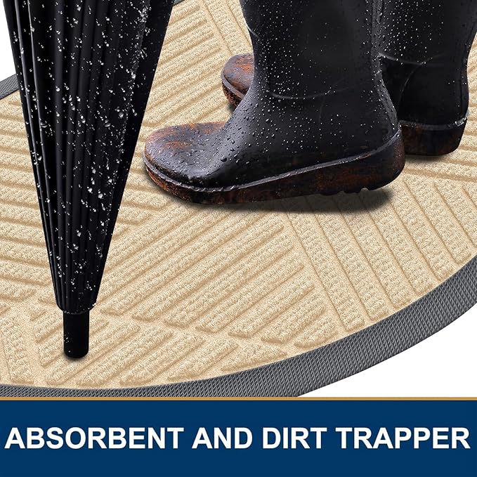 Smiry Half Circle Front Door Mat Outside Entrance, Heavy Duty Sturdy Natural Rubber Doormat, Trap Dirt and Moisture, Low Profile Mats for Indoor Outdoor Entry, Irregular Triangle (35x23, Beige)