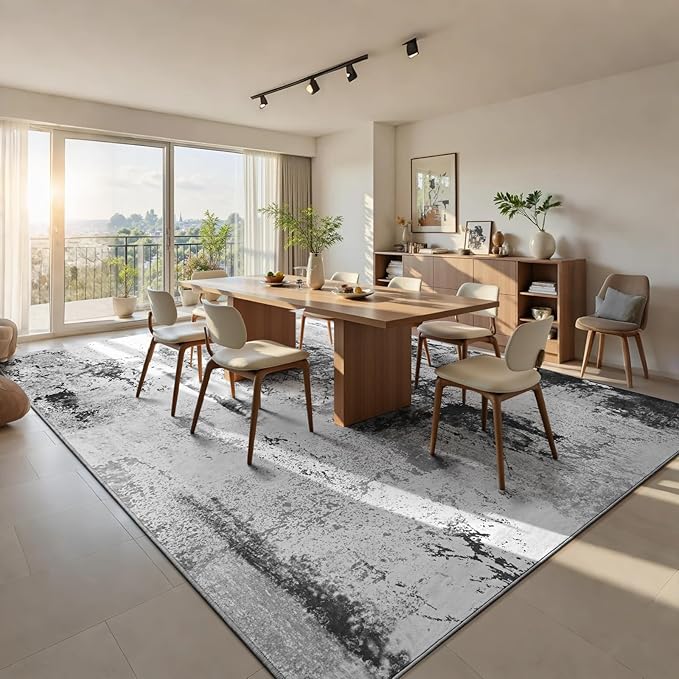 Living Room Rug 9x11 Ink Black Area Rugs Machine Washable Abstract Boho Large Rug Non-Slip Non-Shedding Faux Wool Indoor Vintage Carpet for Bedroom, Classroom, Dining Room, Kids Playroom
