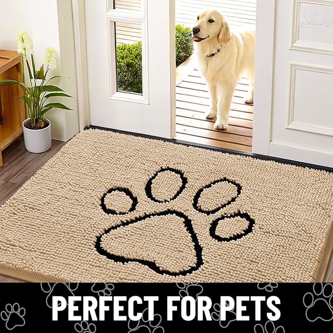 Smiry Dog Door Mat for Muddy Paws, Absorbent Dirt Trapper Non Slip Quick Dry Washable Chenille Mat for Mud Dogs, Entry Rug for Indoor and Outdoor (30x20 Inches, Beige and Black)
