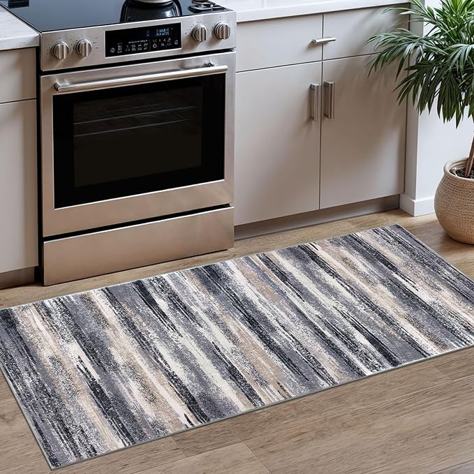 Lansny Modern Abstract Runner Rug 2x5, Grey Black Multi Washable Kitchen Runner Entryway Rug Mat Non-Slip Soft Hallway Rug Runner Thin Print Faux Wool Carpet for Bedroom Laundry Room Indoor