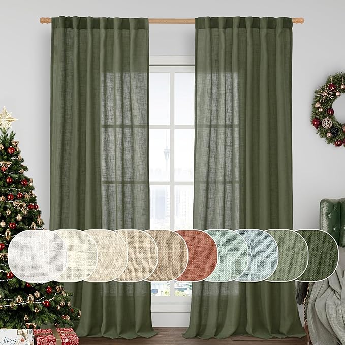LAMIT Linen Semi Sheer Curtains 96 inches Long 2 Panels Set, Light Filtering Panels Back Tab and Rod Pocket Floor to Ceiling Curtains for Bedroom/Living Room, Olive Green, 52 x 96 Inch