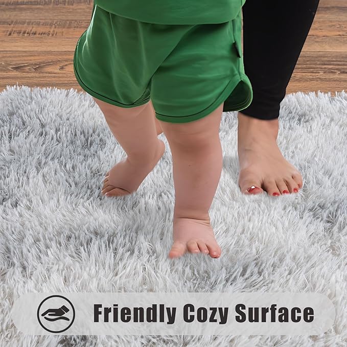Ultra Soft Runner Rugs for Bedroom Hallways with Upgraded Non-Slip Rubber Backing & Thick Memory Sponge, 2x3 Feet Fluffy Shag Throw Area Rug for Bedside Dorm Tie-dye Light Grey