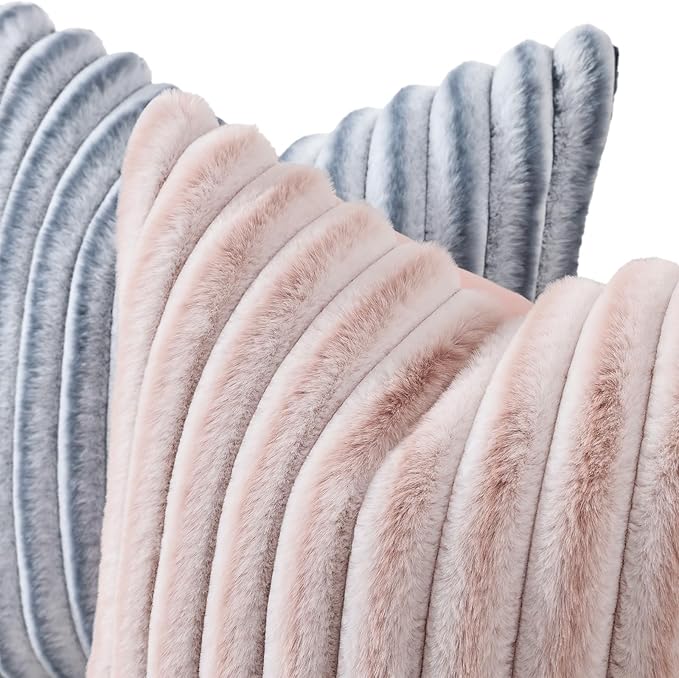 decorUhome Summer Cozy Faux Fur Throw Pillow Covers 22x22 Set of 2 Decorative Plush Striped Modern Farmhouse Boho Couch Euro Sham Pillow Cases with Velvet Back for Sofa Bed Living Roomr, Pink White