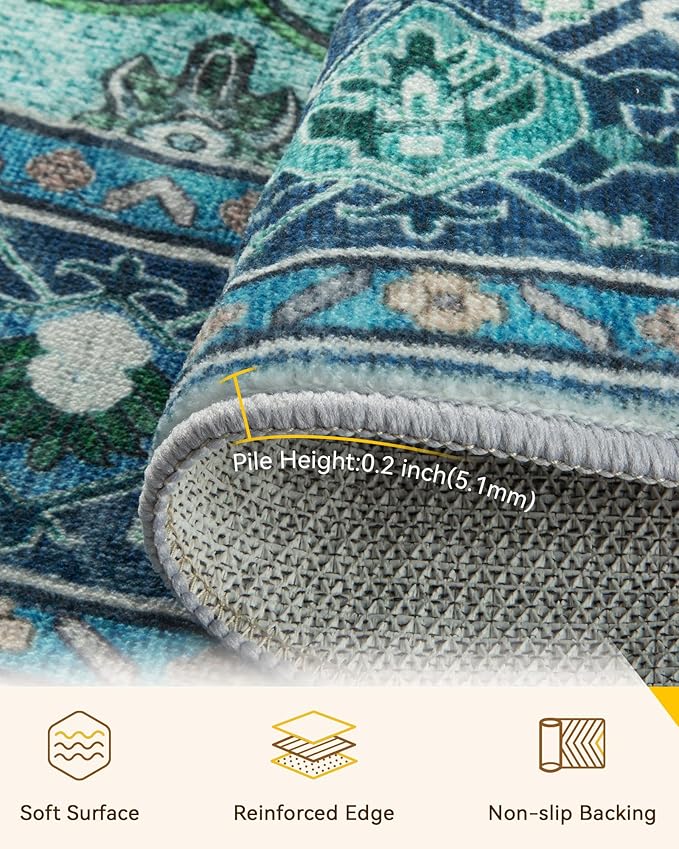 Area Rugs 7ft Washable Non-Slip, Floral Vintage Distress Print Pattern Medallion Carpet for Living Room Bedroom Dining Room, Teal Green Lake Blue Turquoise