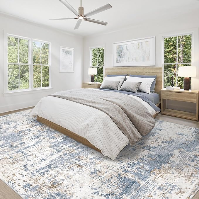 XLUEZ 9x12 Area Rug for Living Room, Washable Modern Abstract Large Area Rug Neutral Soft Non Slip Kids Rug Stain Resistant Indoor Carpet for Bedroom Dining Room Playroom Office(Blue, 9'x12')