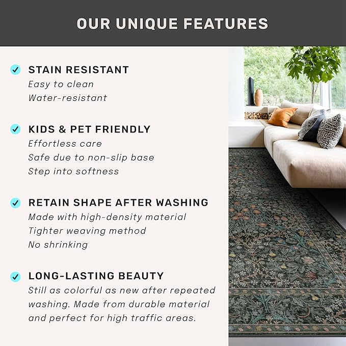 Dining Room Rugs for Under Table - 6x9 Washable Dark Green Oriental Area Rug for Living Room, Low Pile Non-Slip Floor Carpet for Bedroom - Vintage Design & Stain Resistance (6x9 Dark Green)