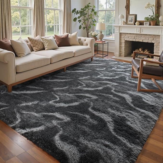 8x10 Ft Extra Large Shag Rugs for Living Room, Tie Dyed Ultra Soft Fluffy Furry Area Rugs for Bedroom Indoor Floor, Aesthetic Carpet for Kids Home Decor (Grey)