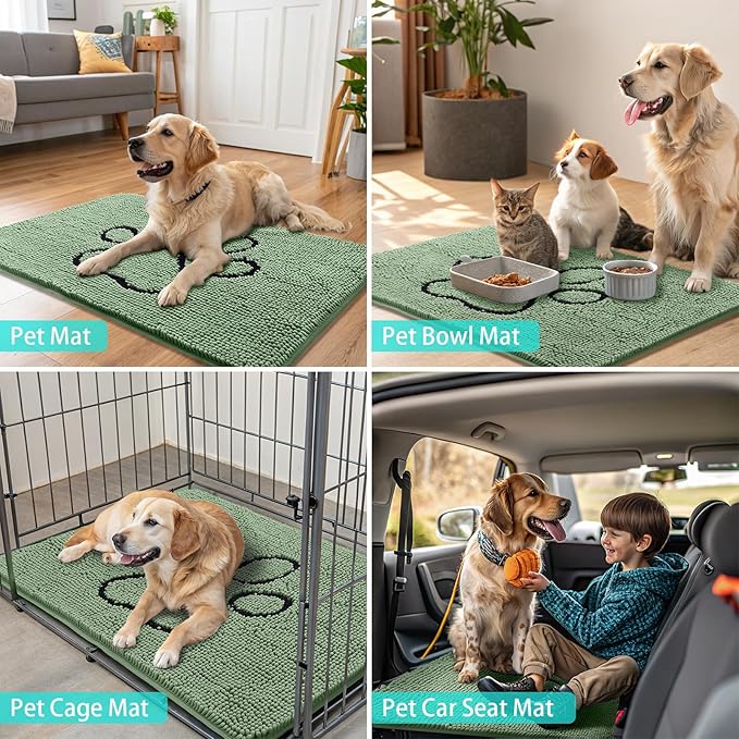 Smiry Dog Door Mat for Muddy Paws, Absorbent Dirt Trapper Non Slip Quick Dry Washable Chenille Mat for Mud Dogs, Entry Rug for Indoor and Outdoor (30x20 Inches, Olive Green and Black)