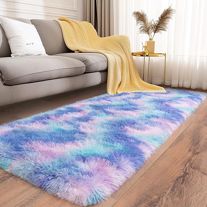 Soft Runner Rugs for Bedroom Hallways, 2x6 Purple Rainbow Fluffy Shag Throw Area Rug Non Slip for Bedside Dorm, Long Shaggy Furry Carpet for Nursery Living Room