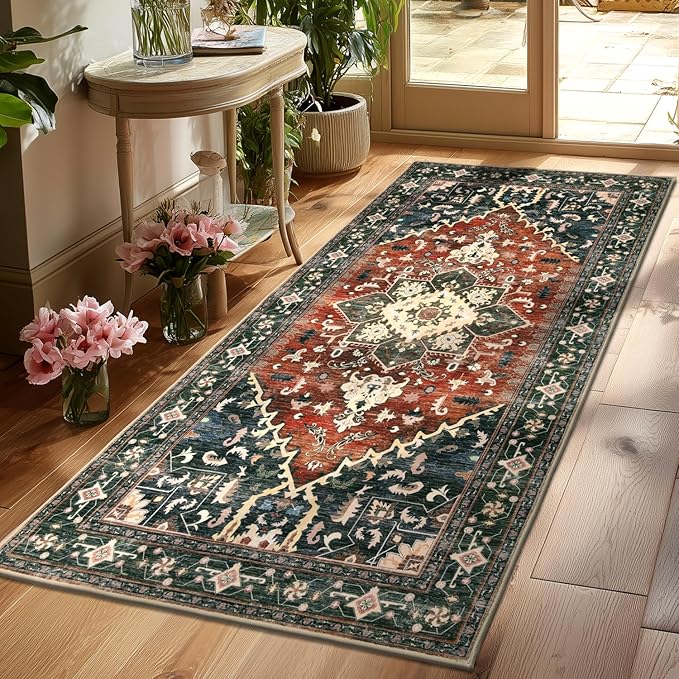 Yamaziot Washable Runner Rug, 3x6 Non-Slip Boho Vintage Hallway Rug with Rubber Backing, Low Pile Faux Wool Distressed Carpet Runner for Bedroom, Kitchen, Laundry, Entrance