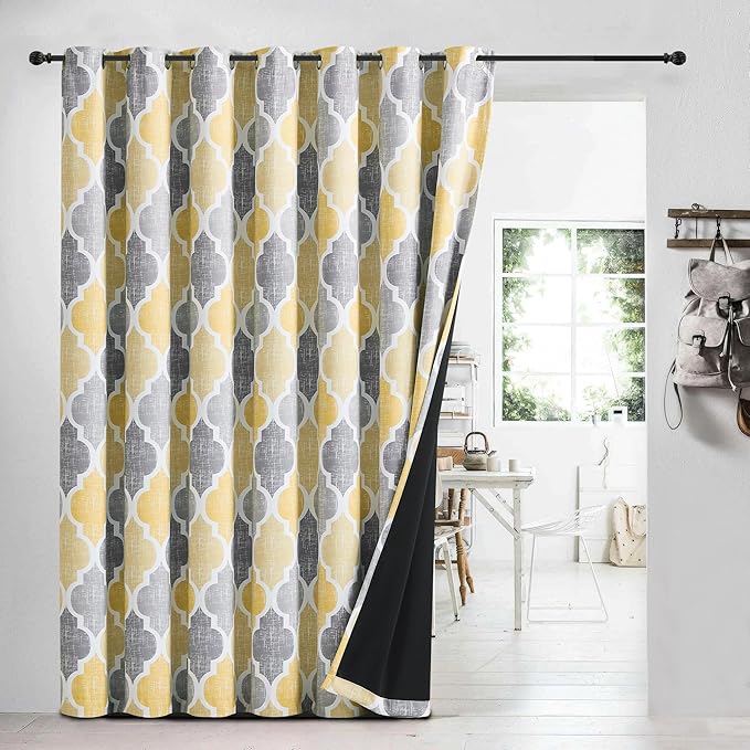 Beauoop 100% Blackout Curtains 96 Inches Long for Patio Sliding Door Yellow Grey Extra Wide Moroccan Geo Room Darkening Thermal Soundproof Room Divider Grommet Window Treatment Drapes,100x96 Set of 1