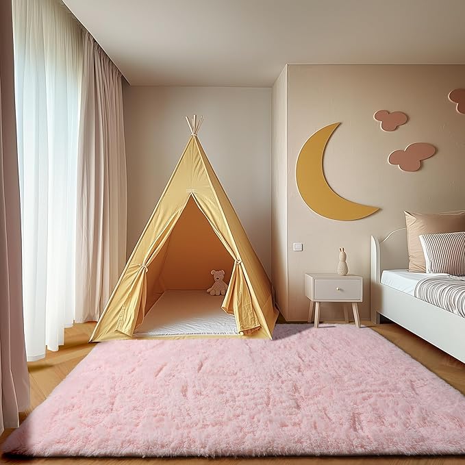 ONASAR Pink Rugs for Bedroom Girls, Fluffy 4x6 Soft Plush Fuzzy Shaggy Kids Area Rug, Cute Indoor Floor Carpet for Teen Boys Dorm Nursery Bedside Home Living Room Decor Aesthetic