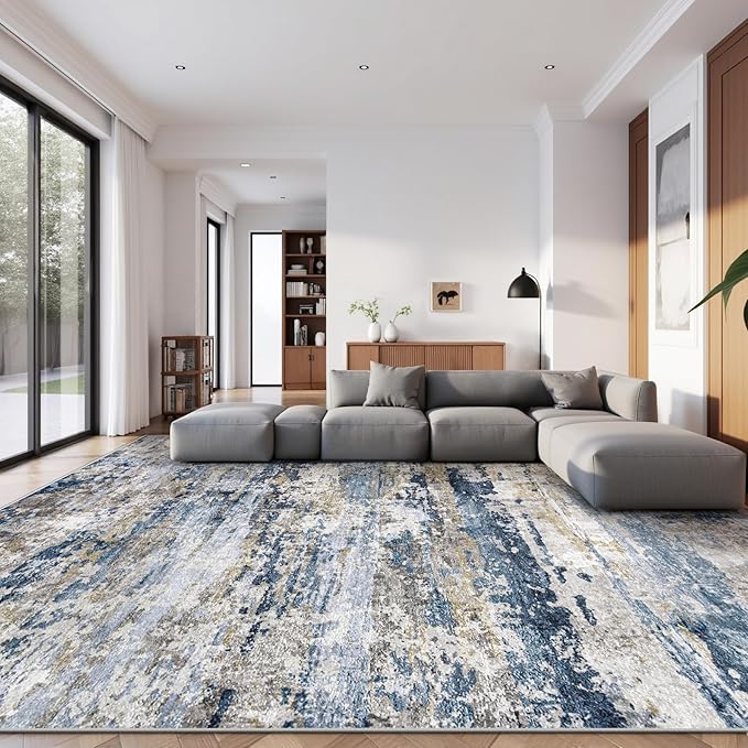 pmtsns Area Rugs 9x12 for Living Room: Washable Rug Modern Abstract Neutral Soft Non-Slip Low-Pile Indoor Large Carpet for Bedroom Dining Room Playroom Home Office (Blue Grey Brown, 9'x12')