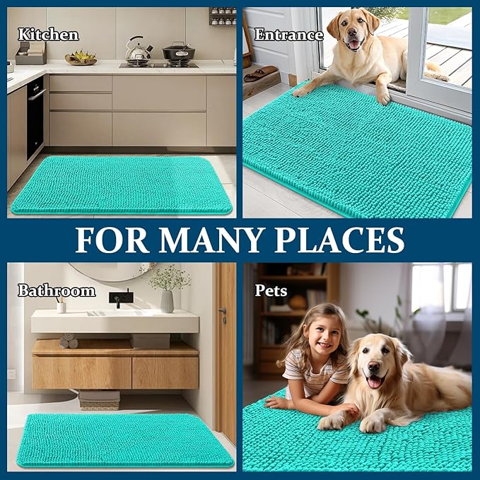 OLANLY Dog Door Mat for Muddy Paws 54x32, Absorbs Moisture and Dirt, Absorbent Non-Slip Washable Doormat, Quick Dry Chenille Mud Mat for Dogs, Entry Indoor Entryway Carpet for Inside Floor, Teal