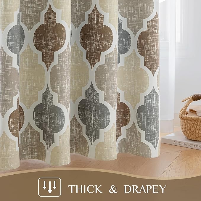 Beauoop 100% Blackout Curtains 96 Inches Long 2 Panels for Bedroom Living Room Brown Grey Moroccan Geo Room Darkening Thermal Insulated Soundproof Grommet Top Window Treatments Drapes, 50x96 Set of 2