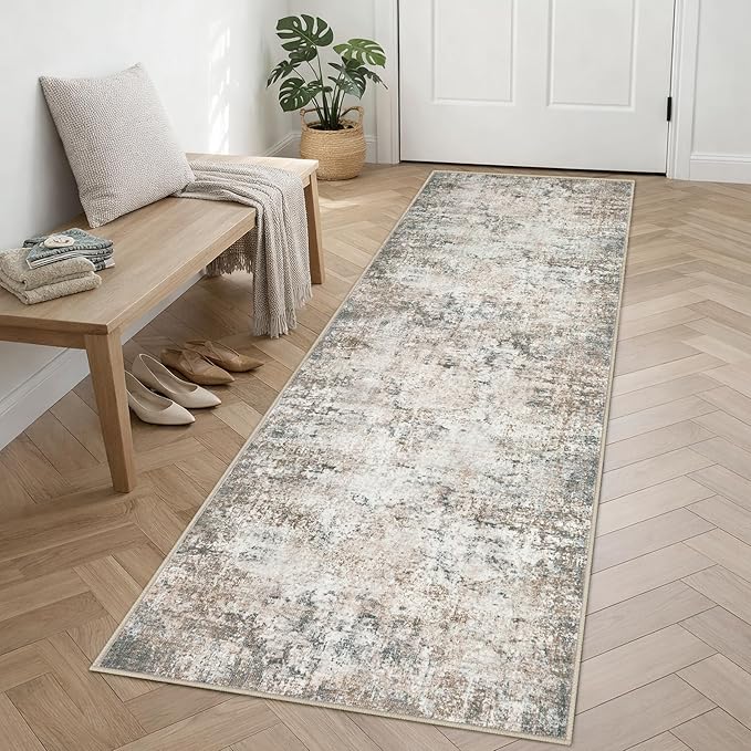 2.6'x8' Runner Rug Washable Rug;Modern Abstract Soft Thin Runner Rug Brown Grey