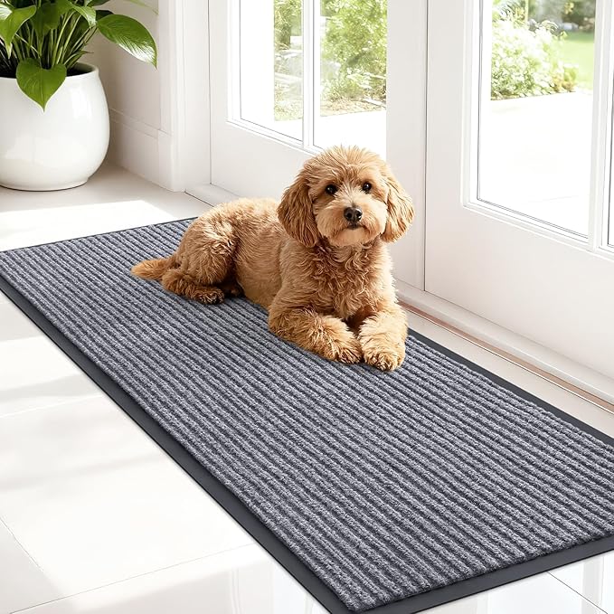 OLANLY Front Door Mat Indoor Outdoor Entrance, Waterproof Heavy Duty Doormat, Fade Resistant, Low Profile, Easy Clean Patio Porch Welcome Floor Mats for Entry, 47x17, Light Gray