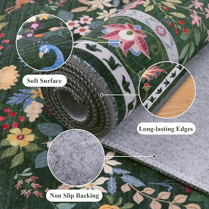 HEBE Washable Hallway Runner Rug 2'x 8' Non Slip Kitchen Rugs Runner,Low Pile Entryway Rug Laundry Room Mat Floral Carpet Runners for Hallways, Kitchen,Bathroom,Laundry,Bedside Rug
