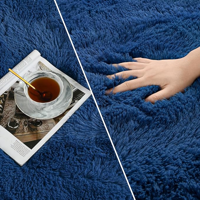 Deerhoo Shag Area Rug, 4 X 6 Plush Fuzzy Rugs for Living Room, Ultra Soft Fluffy Furry Rug for Bedroom, Indoor Carpet Nursery Rugs for Kids Room Home Decor, Navy Blue