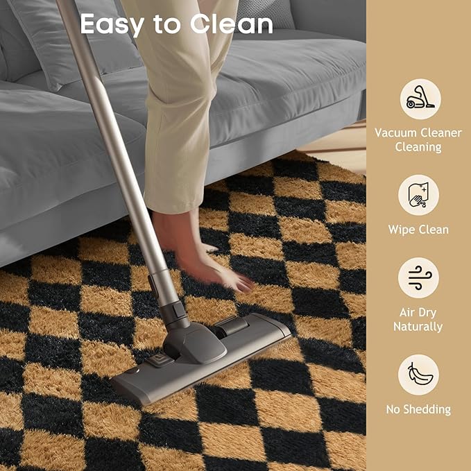 Ophanie Checkered Black & Beige Rhombus Rugs for Living Room Bedroom, Fluffy Soft Fuzzy Area Rugs, Plush Shaggy Bedside Floor 8x10 Furry Carpet for Kids Baby Teen Dorm Nursery Home Decor Aesthetic