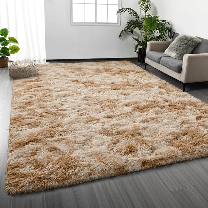 Deerhoo Large Shag Area Rugs 8 x 10, Tie-Dyed Plush Fuzzy Rugs for Living Room, Ultra Soft Fluffy Furry Rug for Bedroom, Indoor Carpet Nursery Rugs for Kids Room Home Decor, Beige