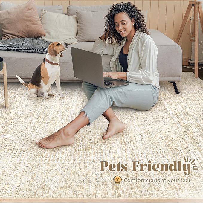 2x8 Washable Runner Rug: Moroccan Geometric Boho Rug Farmhouse Non Slip Stain Resistant Rugs Low Pile Soft Carpet for Porch Kitchen Laundry Room Living Room Bedroom (Beige,2'x8')