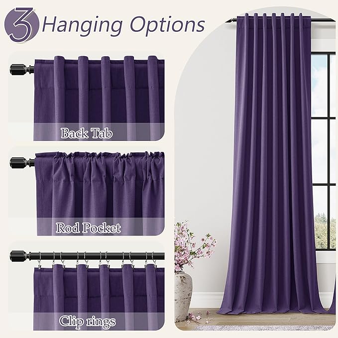 Guken New Purple 100% Blackout Linen Curtains 96 Inch Length 2 Panels Set for Living Room Bedroom Back Tab/Rod Pocket Thermal Insulated Farmhouse Black Out Drapes Room Darkening,52x96