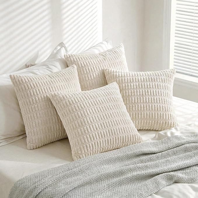 Fancy Homi 4 Packs Boho Cream Decorative Throw Pillow Covers 24x24 Inch for Living Room Couch Bed Sofa, Rustic Modern Farmhouse Home Decor, Soft Plush Corduroy Beige Cute Square Cushion Case 60x60 cm