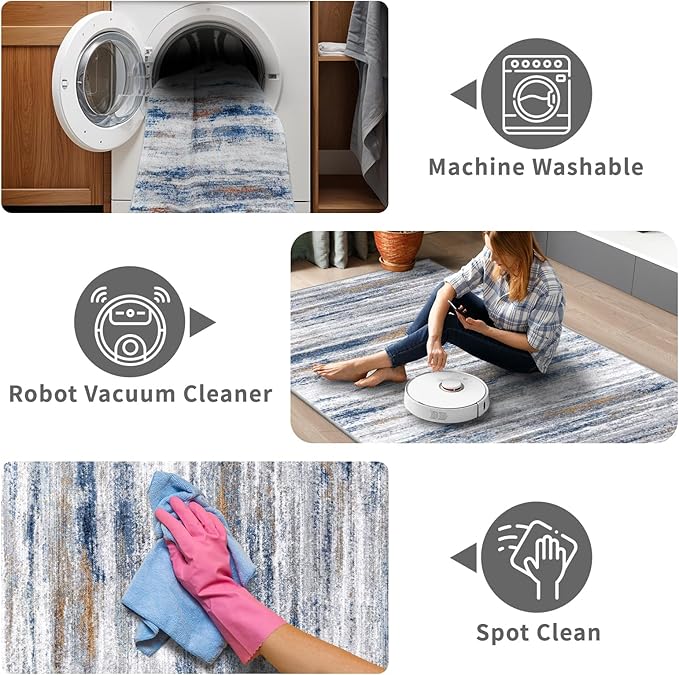 4x6 Rugs for Living Room: Non-Slip Washable Area Rug for Hallway Entryway Kitchen Bedroom - Easy-to-Clean Stain and Water Resistant Carpet - Soft Low-Pile Throw Mat Navy Grey