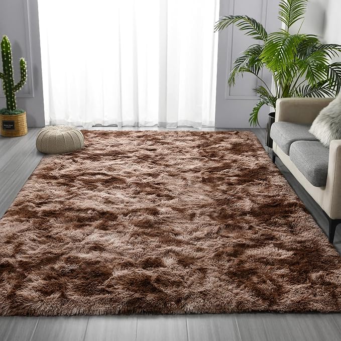 Deerhoo Large Shag Area Rugs 8 x 10, Tie-Dyed Plush Fuzzy Rugs for Living Room, Ultra Soft Fluffy Furry Rug for Bedroom, Indoor Carpet Nursery Rugs for Kids Room Home Decor, Coffee