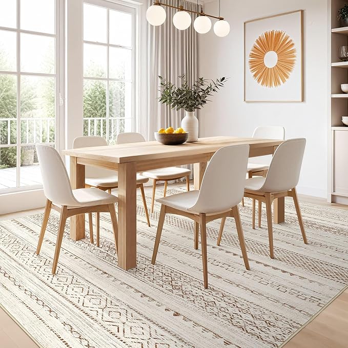 Nakagishi 7x9 Area Rug Living Room: Washable Boho Large Neutral Modern Soft Farmhouse Rugs Stain Resistant Indoor Floor Non-Slip Carpet for Bedroom Nursery Kids Playroom Office Dining Room- Brown