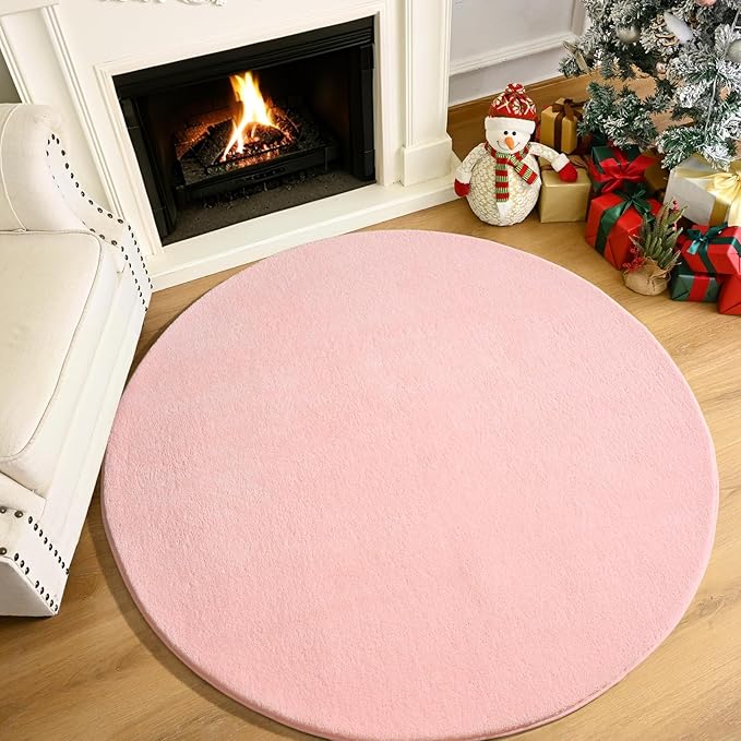 Amearea Pink Round Area Rugs 4ft Washable Circle Rugs for Bedroom Living Room, Fluffy Indoor Thickened Memory Foam Rug, Non Slip Minimalist Circular Carpet for Kids Boys Girls Dorm Nursery Room Decor