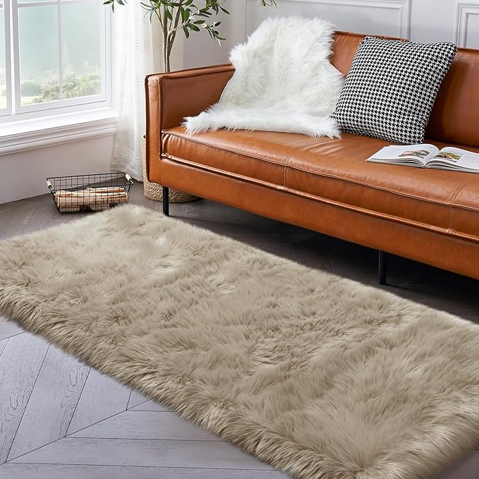 Beige Fluffy Rug for Bedroom, 2'X6' Faux Fur Rug for Runner, Soft Shag Rug for Sofa Couch Cushion, Cozy Shaggy Fuzzy Plush Floor Carpet for Nursery, Cute Bedside Dorm Home Decor Rectangle