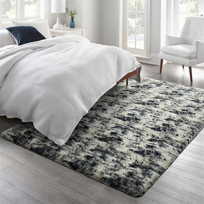 Ophanie Black Gold and Grey Area Rugs for Living Room 6x9, Fluffy Shag Large Fuzzy Plush Soft Carpets, Floor Shaggy Rugs for Bedroom, Carpet for Kids Boys Girls Dorm Nursery Home Decor Aesthetic