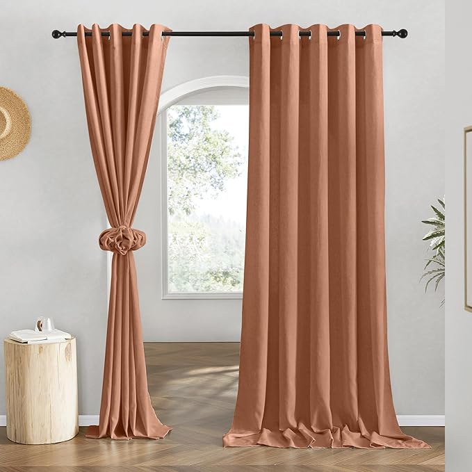 NICETOWN Caramel Linen Curtains for Kitchen, Thick Flax Small Window Treatments Semi Sheer Privacy Assured with Light Through for Cafe/Bathroom, W68 x L84, 2 Panels