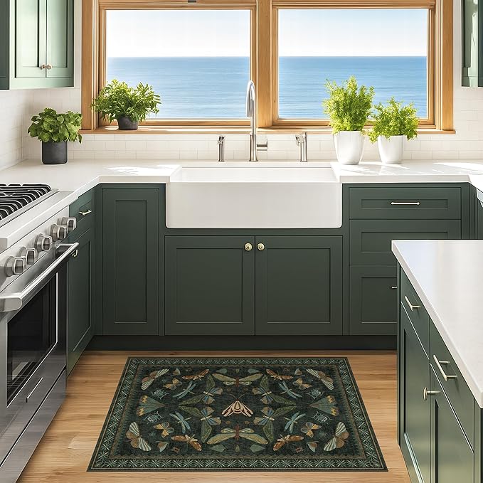 Hazo Haus 2x3 Entry Way Rugs Indoor - Dark Green Small Throw Rug for Kitchen, Bathroom, Insect Boho Design, Washable Non Slip Stain Resistant