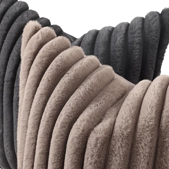 decorUhome Cozy Faux Fur Throw Pillow Covers 12x20 Set of 2 Decorative Soft Plush Striped Lumbar Modern Farmhouse Boho Couch Pillow Cases with Velvet Back for Sofa Bed Living Room, Dark Grey
