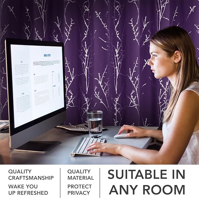 Deconovo Blackout Curtains, Purple Curtain, Thermal Insulated Soundproof Grommet Drapes, Silver Tree Foil Print, 52 x 95 Inch, 2 Panels, Machine Washable Window Panel for Living Room Bedroom Office