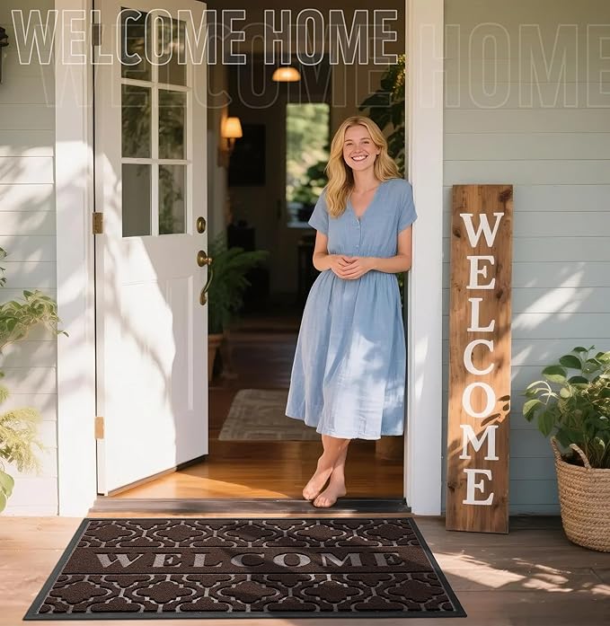 Yimobra Welcome Mat Outdoor Indoor, All-Season Waterproof Front Door Mat Outside Entrance, All-Weather Heavy Duty Non-Slip Doormat, Low Profile Porch Patio Entrance Mats, 47x32, Brown
