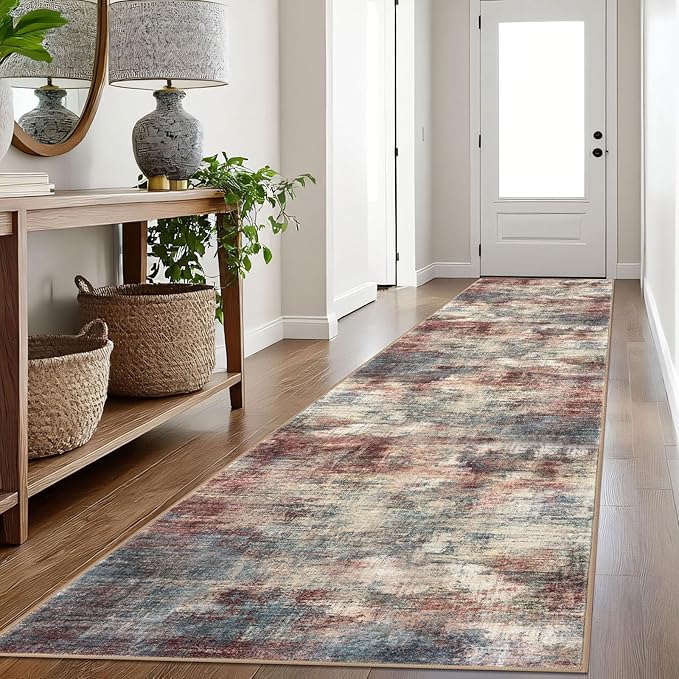 IOHOUZE Abstract Runner Rug 3x16 Ft Washable Runners for Hallways, Non Slip Kitchen Runner Printed Faux Wool Entryway Runner Indoor, Modern Abstract Floor Carpet for Hall Stair, Red/Multi