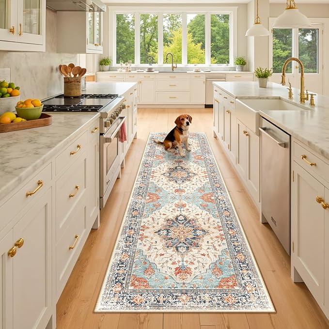 Area Rugs 2'x8' Runner Rug Non Slip Washable for Kitchen Hallway Bedroom Beside Laundry Room Bathroom Rug, Floor Carpet, Beige Navy Blue Orange Colorful