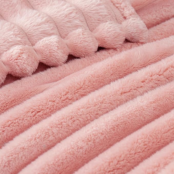 Exclusivo Mezcla King Size Flannel Fleece Blanket, Super Soft Striped Jacquard Bed Blanket, Lightweight Fuzzy Cozy for All Seasons, 90x104 Inches, Pink