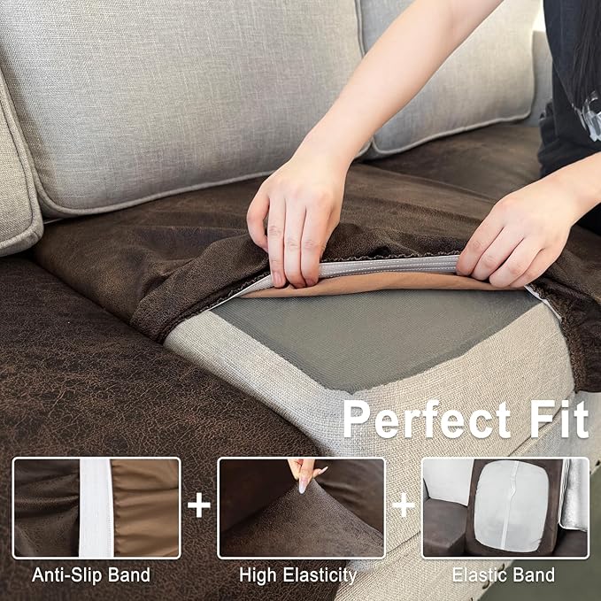 Leather Look Couch Cushion Covers Sofa Seat Slipcovers Sets Couches Furniture Protector for Sectional Armchair Loveseat Pets Kids Stretch Spandex Fabric (2 Cushion Loveseat, Brown)