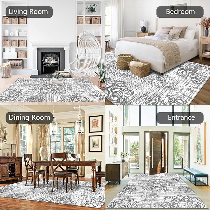 HEBE Washable Area Rug 8'x10' Non Slip Soft Distressed Medallion Bedroom & Living Room Rugs Vintage Entry Floor Carpet for Dining Room Bathroom Entryway