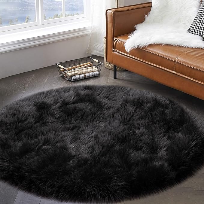 Faux Fur Rug for Bedroom, Black Fluffy Round Rug for Kids Room, Small Furry Circle Rugs 3X3, Soft Shag Circular Rug for Nursery, Fuzzy Plush Floor Carpet, Cute Indoor Decor for Gilrs Teen's Dorm
