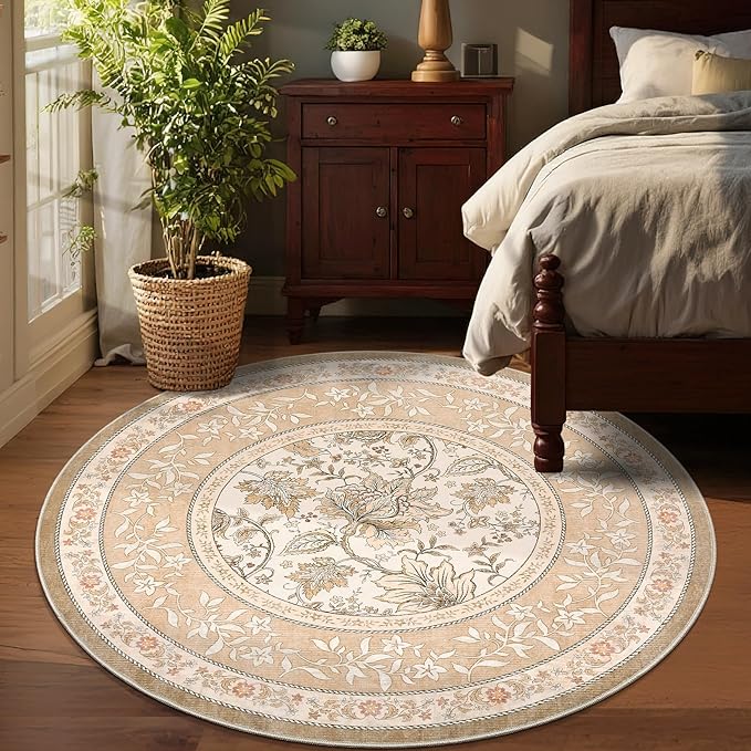 GarveeHome Pinkish Brown Botanical Grove 5ft Round Rug, Small Circle Vintage Cottagecore Soft Low-Pile Non-Slip Washable Rugs for Living Room Bedroom Nursery Kitchen Retro Carpet