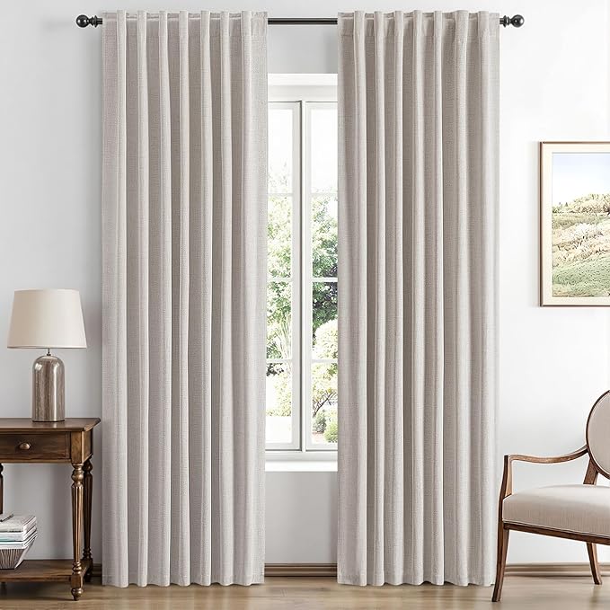 MIULEE 100% Blackout Linen Curtains for Bedroom, Ivory Solid Luxury Decor Thermal Insulation Room Darkening Drapes for Living Room Nursery Back Tab Rod Pocket 42 x 84 Inches, 2 Panels