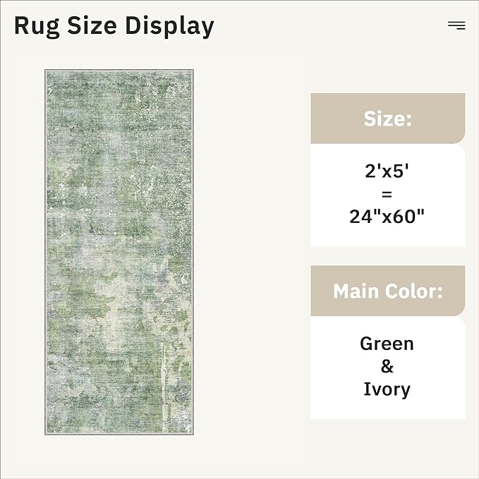 Runner Rug 2x5 Washable Non-Slip Kitchen Runner Rugs for Bathroom Laundry Room Green/Ivory Vintage Floor Carpet Runners for Hallway Entryway