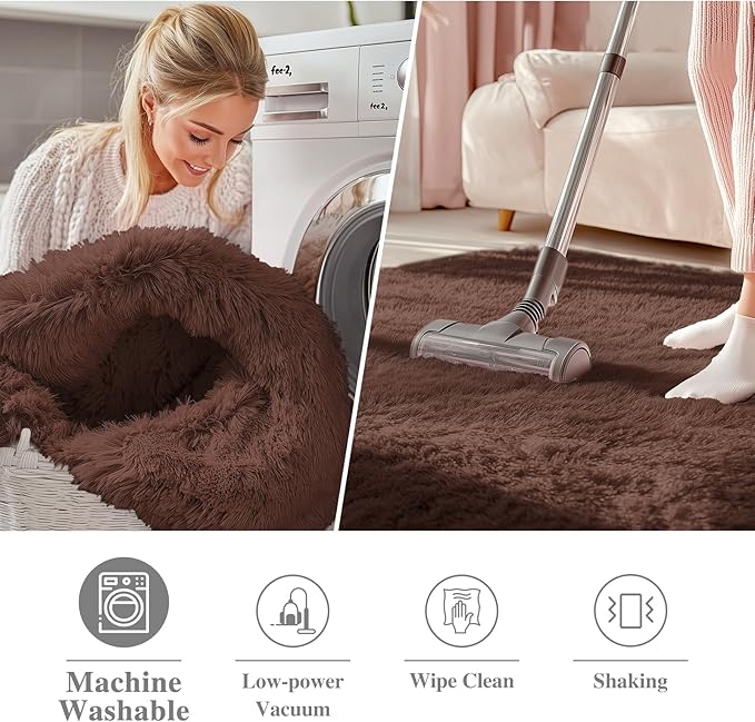 OLANLY Coffee Round Rugs for Bedroom - Machine Washable, 3 ft Circle Area Rugs for Living Room, Soft and Fluffy Shaggy Carpet for Teen Girls and Boys, Nursery Rooms, Dorms, Home Decor Aesthetic