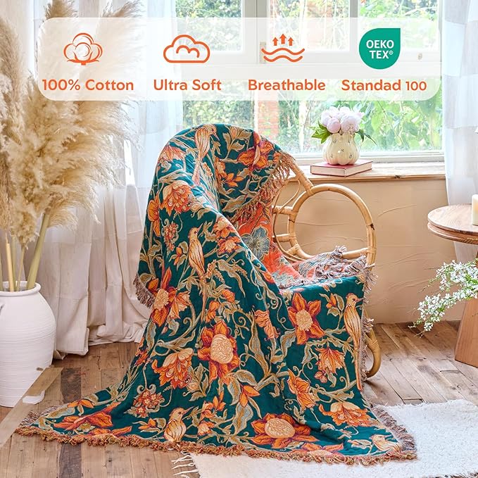 MSGKV Boho Throw Blanket for Couch Chair 100% Cotton Floral Bird Blanket 50"x60" Sofa Blankets Muslin Spring Breathable Lightweight Farmhouse Blankets Home Decor All Seasons
